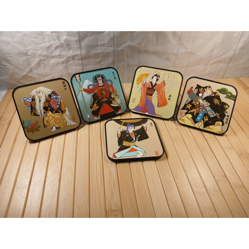 Vintage Japanese Kabuki Theater Coasters Wall Art Set of 5 Ukiyo-e Style Art